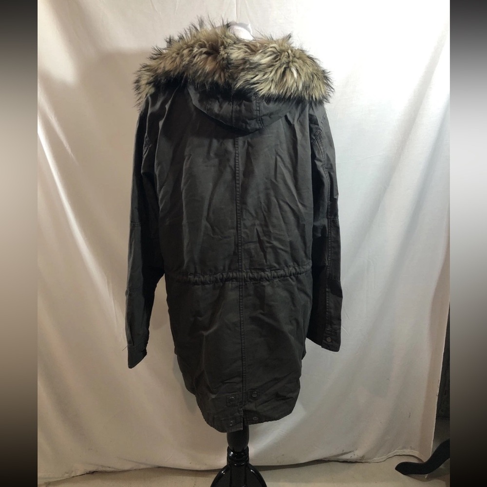 Gap Khaki Green Jacket With Fleece Lining & Faux Fur Hood - Womens L, Bust 21” - Picture 2 of 5